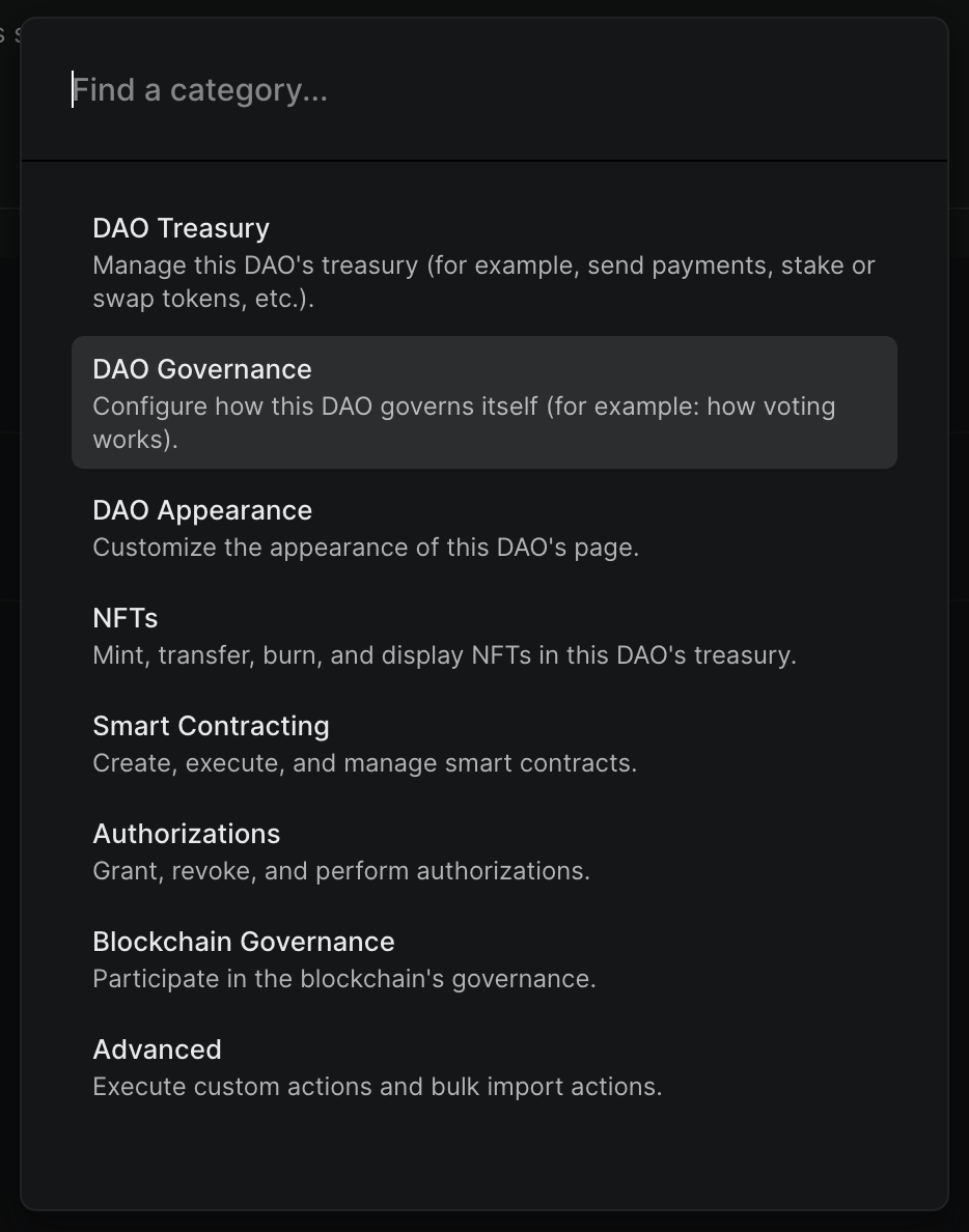 Action picker modal with DAO Governance
category