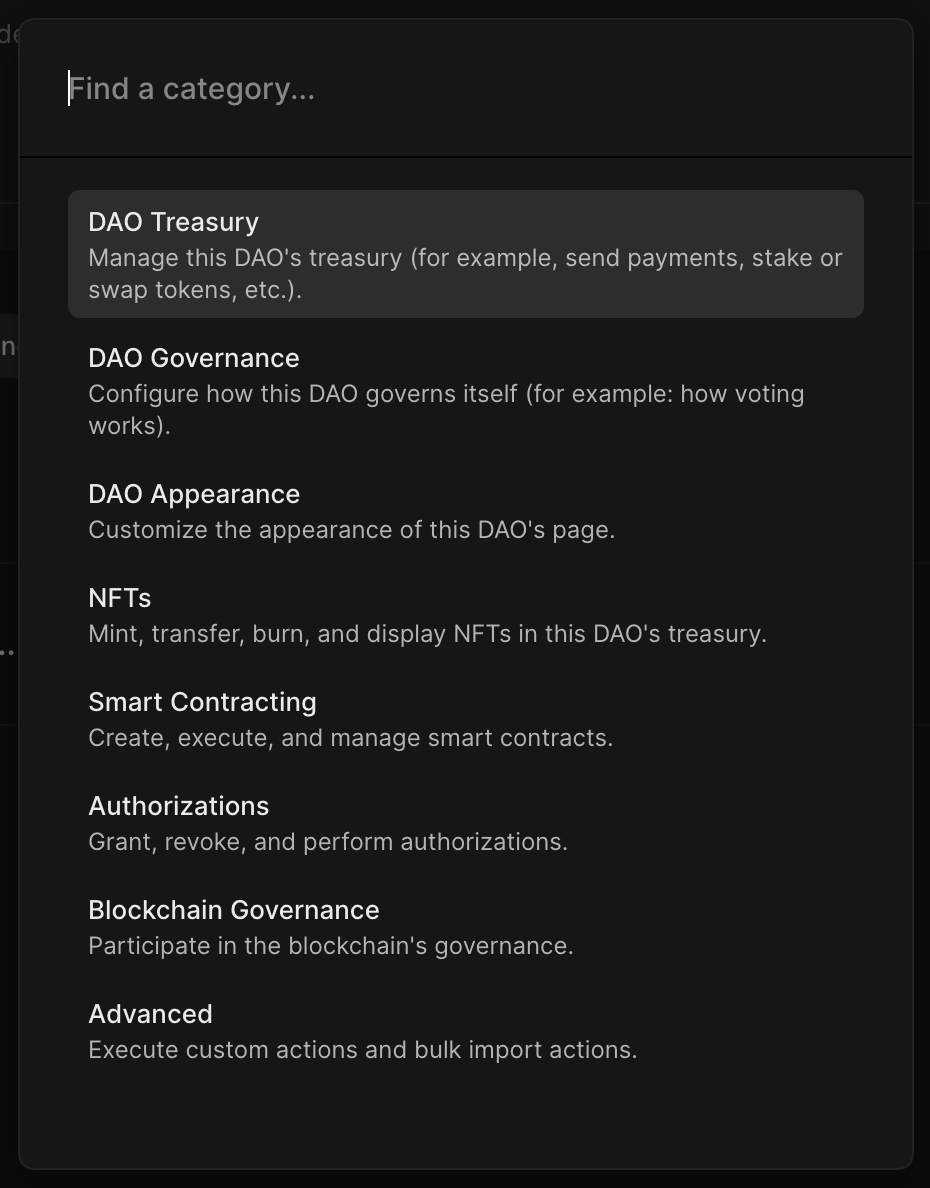 DAO Treasury category in Add an action modal