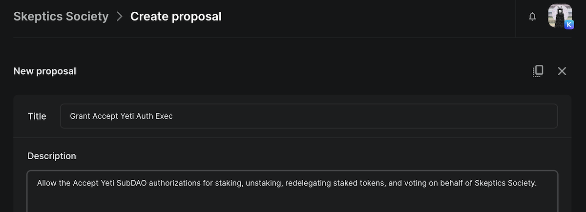 Auth Exec proposal title and description