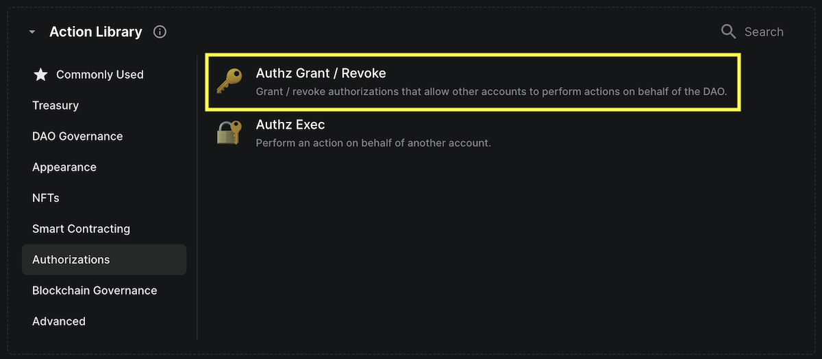 Authorizations tab and Authz Grant / Revoke