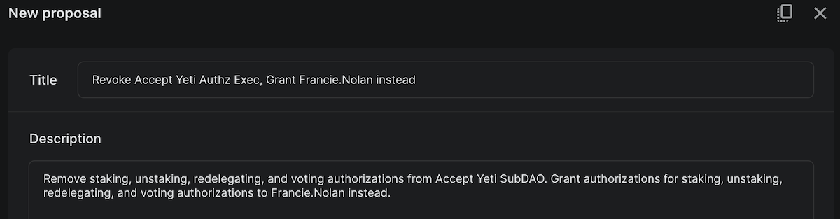 Auth Exec proposal title and description