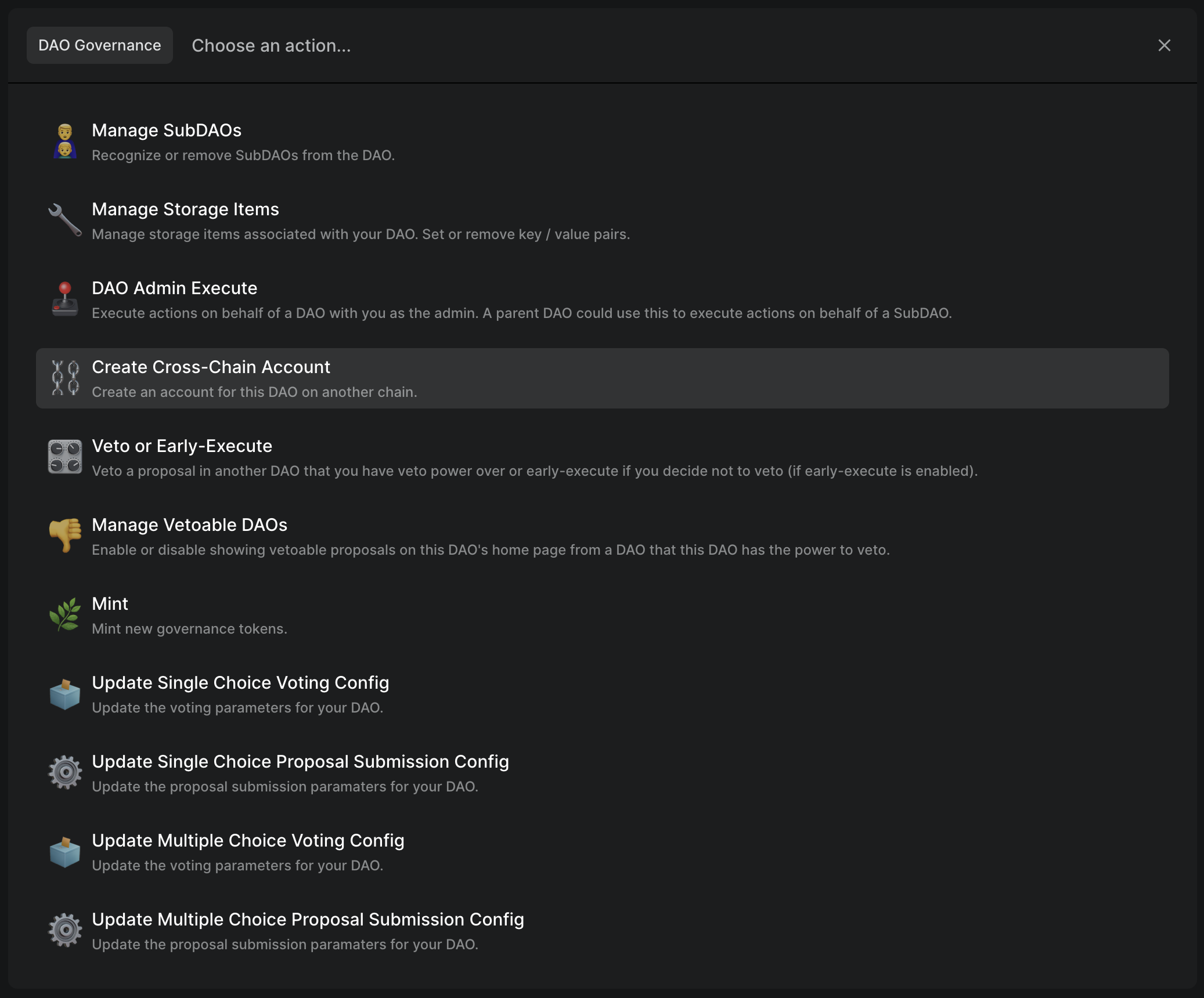 Create Cross-Chain Account action in DAO Governance category