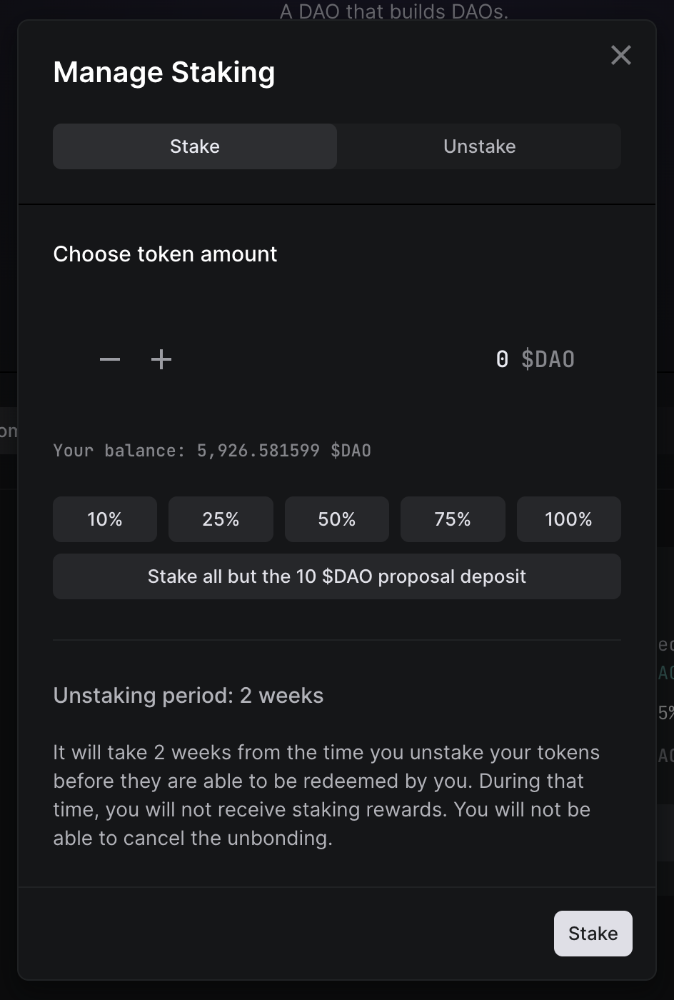 Manage staking modal