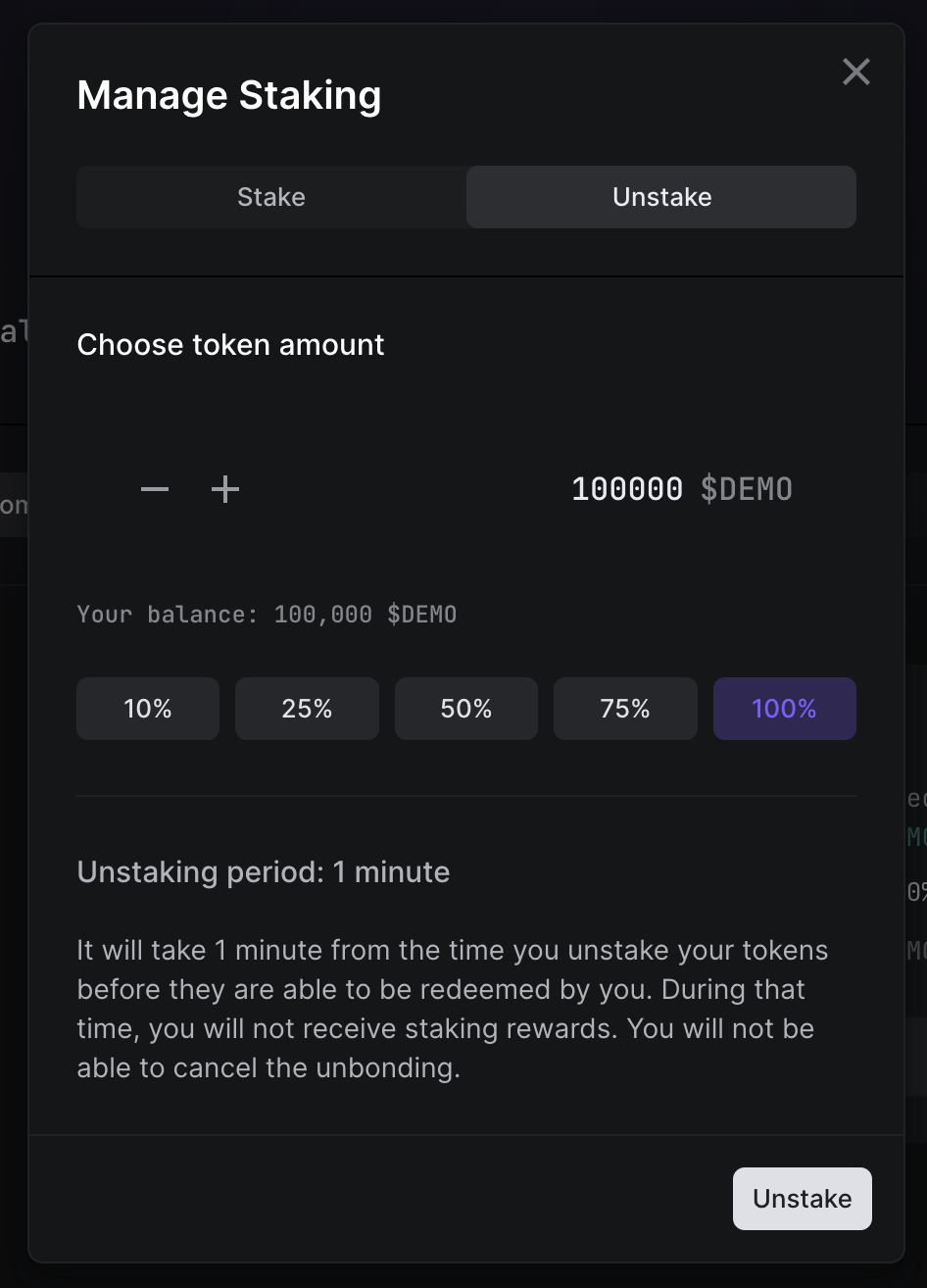 Manage staking unstake modal