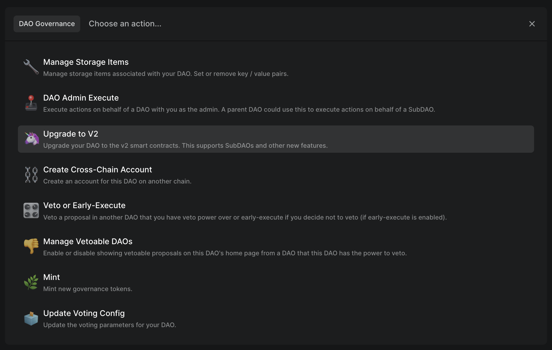 DAO Governance category with Upgrade to V2
action